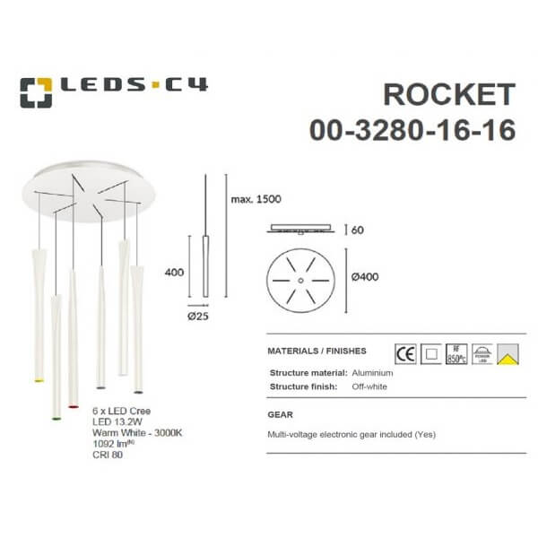 LEDS.C4 ROCKET 00-3280-16-16 IP20 6 x LED Cree 13.2W Warm White - 3000K Pendant Light-Home Decore-DELIGHT OptoElectronics Pte. Ltd