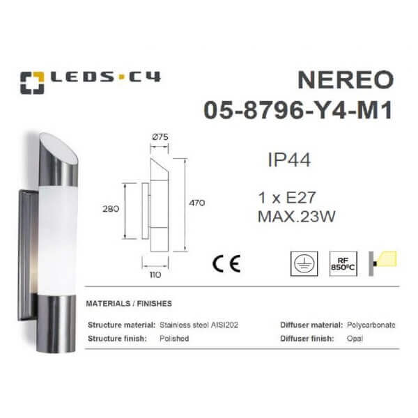 LEDS.C4 NEREO 05-8796-Y4-M1 1xE27 IP44 Outdoor Wall Light-Fixture-DELIGHT OptoElectronics Pte. Ltd