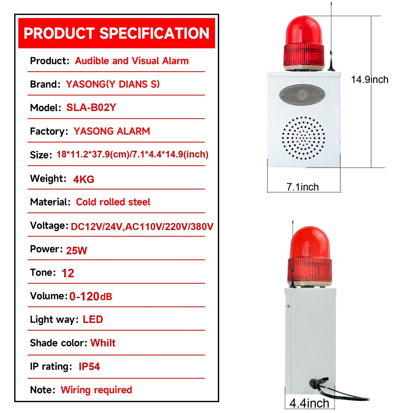 YASONG Wireless Remote Control Alarm Siren 2000m/1.24mile Strobe Siren 120dB Horn Outdoor Security Alarm with Adjustable Volume and Tone for Warehouse, Factories SLA-B02Y