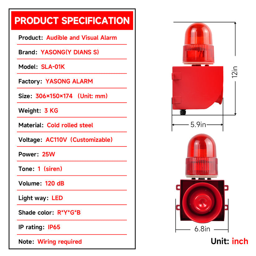 YASONG Security Strobe Light Siren Alarm, Switch Signal Triggered, Single Color & Single Tone Industrial Security System Alarm Kit for Security & PLC System Applications, 120dB Loud Horn 25W SLA-01K