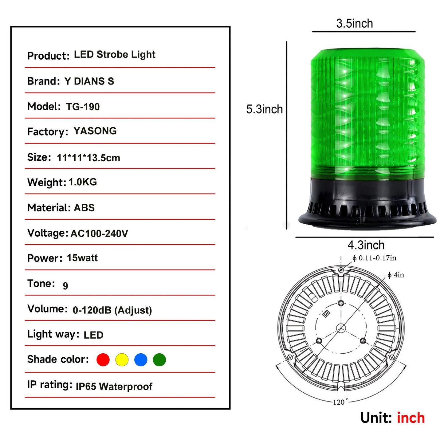 YASONG Beacon Strobe Light  4 Flashing Mode 120dB Horn 9 Tones LED  Emergency Lights with Magnet Base for Vehicles, Truck, Car and Workshop AC100V-AC240V