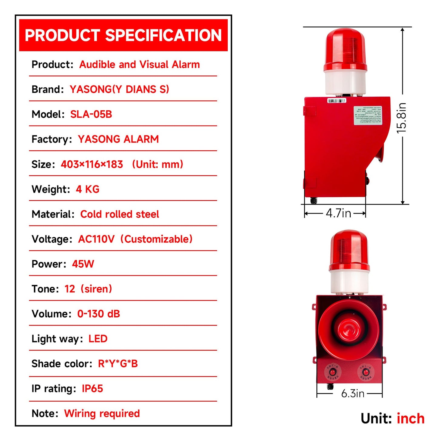 YASONG SLA-05BY Remote Control Alarm Siren 2000m 130dB Outdoor Industrial Security Siren Horn Alarm Waterproof Emergency LED Strobe Warning Light Tone Volume Adjustable