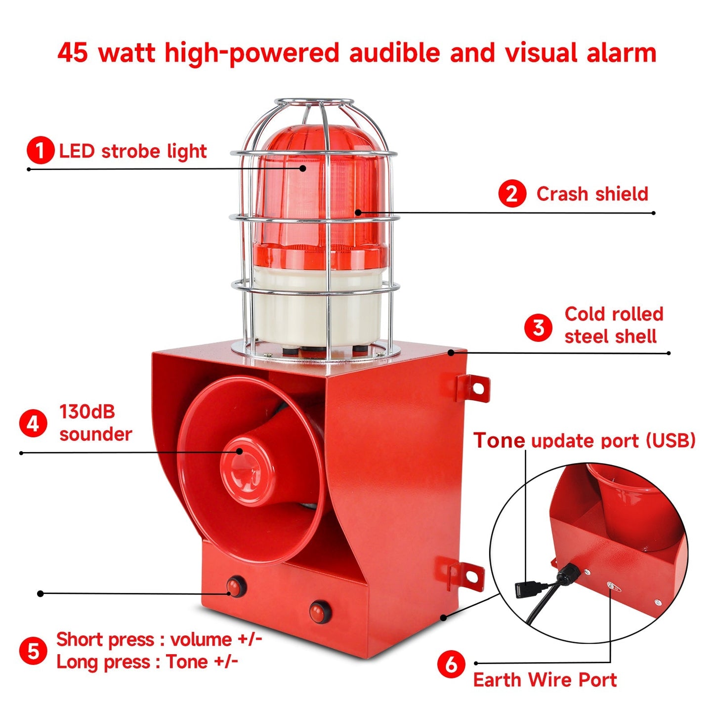 YASONG 45W Alarm Siren with Metal Anti-Collision Mesh Cover, 0-130dB loud Horn 12 Tones Switchable, IP65 Waterproof LED Strobe Light for Factories, terminals, Security home Alarm SLA-05C