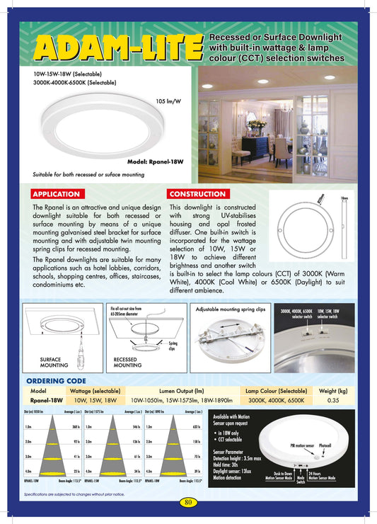 Adam Lite Rpanel-18W (10W/15W/18W LED) Selectable Wattage Surface/Recess Round Downlight (CCT Selectable)