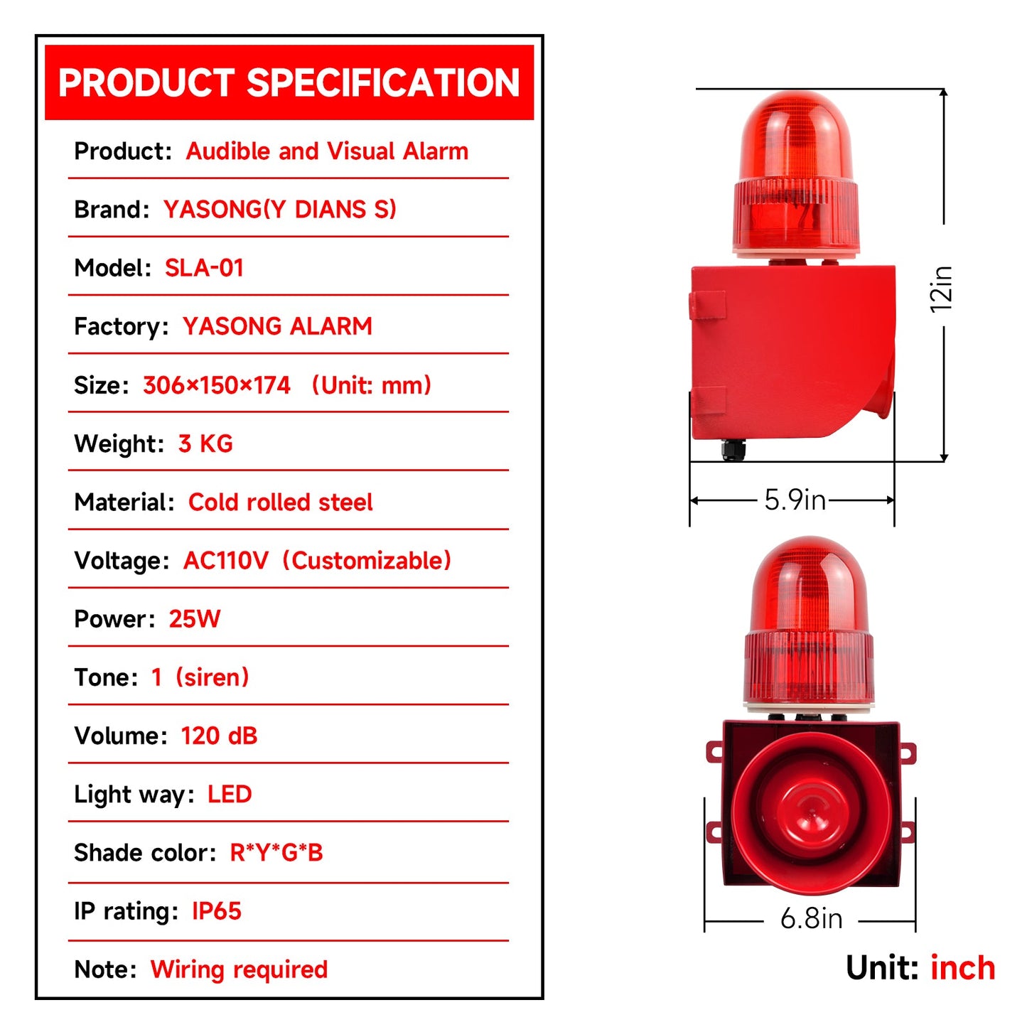 YASONG SLA-01 Industrial Alarm Siren Waterproof 120dB Horn Siren Speaker with  LED Strobe Light  25W Alarm System for Factories, Docks, Shipyards and Warehouses