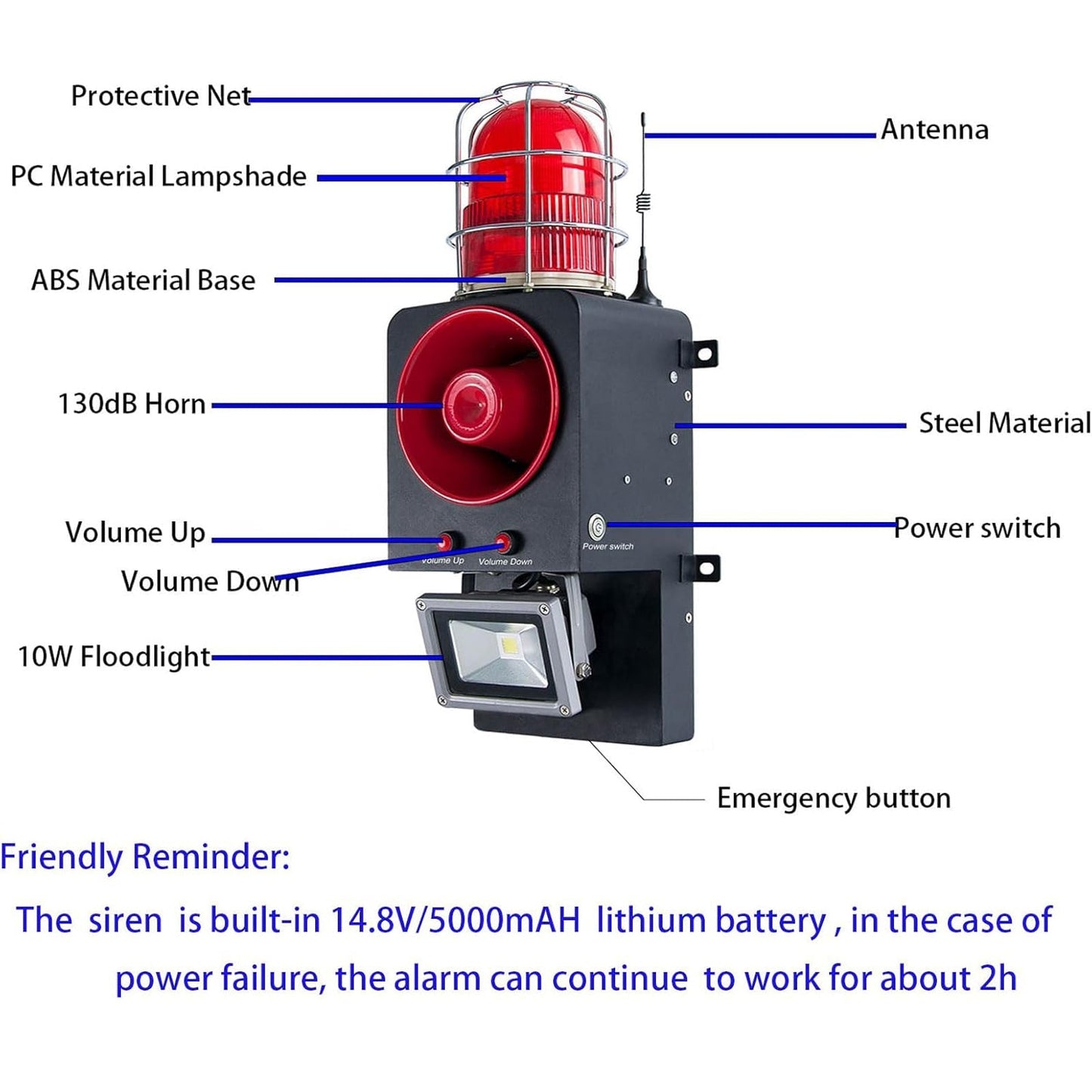 YASONG Wireless Outdoor Security Alarm Siren with 130dB Horn Strobe light Floodlight 2000m Remote Control Distance Tornado, Fire, Earthquake Emergency Siren SLA-SD500-Y