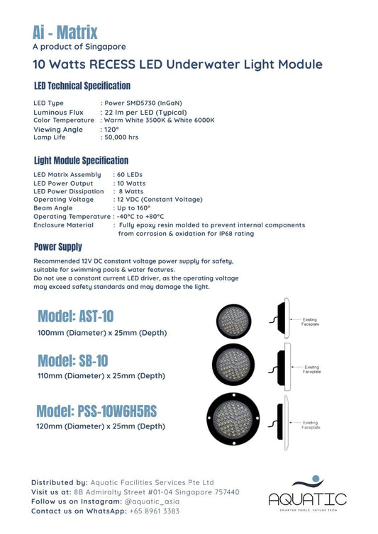 Aquatic Matrix 10W Recessed LED Underwater Light Module