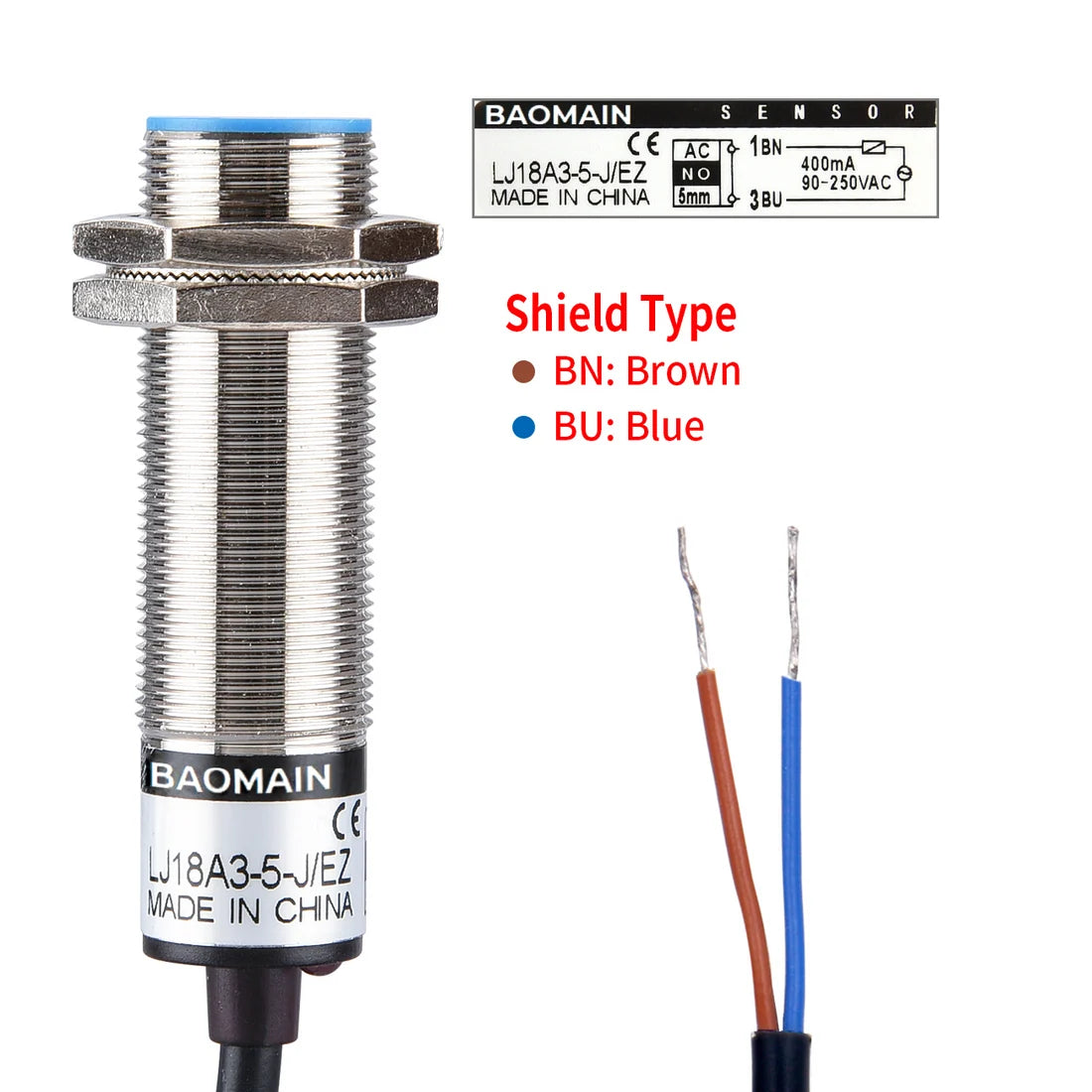 Baomain M18 Capacitance Proximity Sensor Switch LJC18A3-5-J/EZ NO AC 90-250V 200mA Detect 5mm