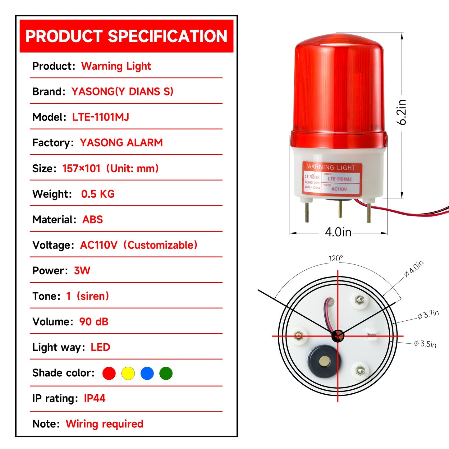 YASONG Industrial Strobe Light Revolving LED Beacon Warning Lights  with Sound or No Sound SLA-1101MJ