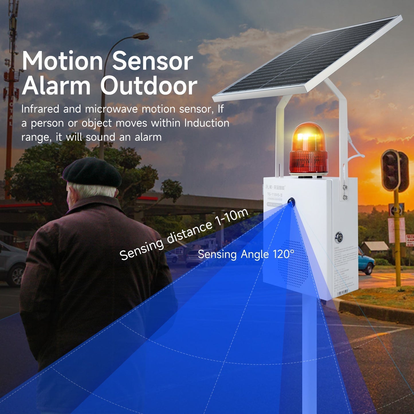 YASONG Solar Motion Sensor Alarm Siren Waterproof Outdoor Motion Detector Sirens with Strobe Light, 120dB Horn 17 Tones Adjustable Microwave Infrared Induction Alarm System SLA-118VS-II