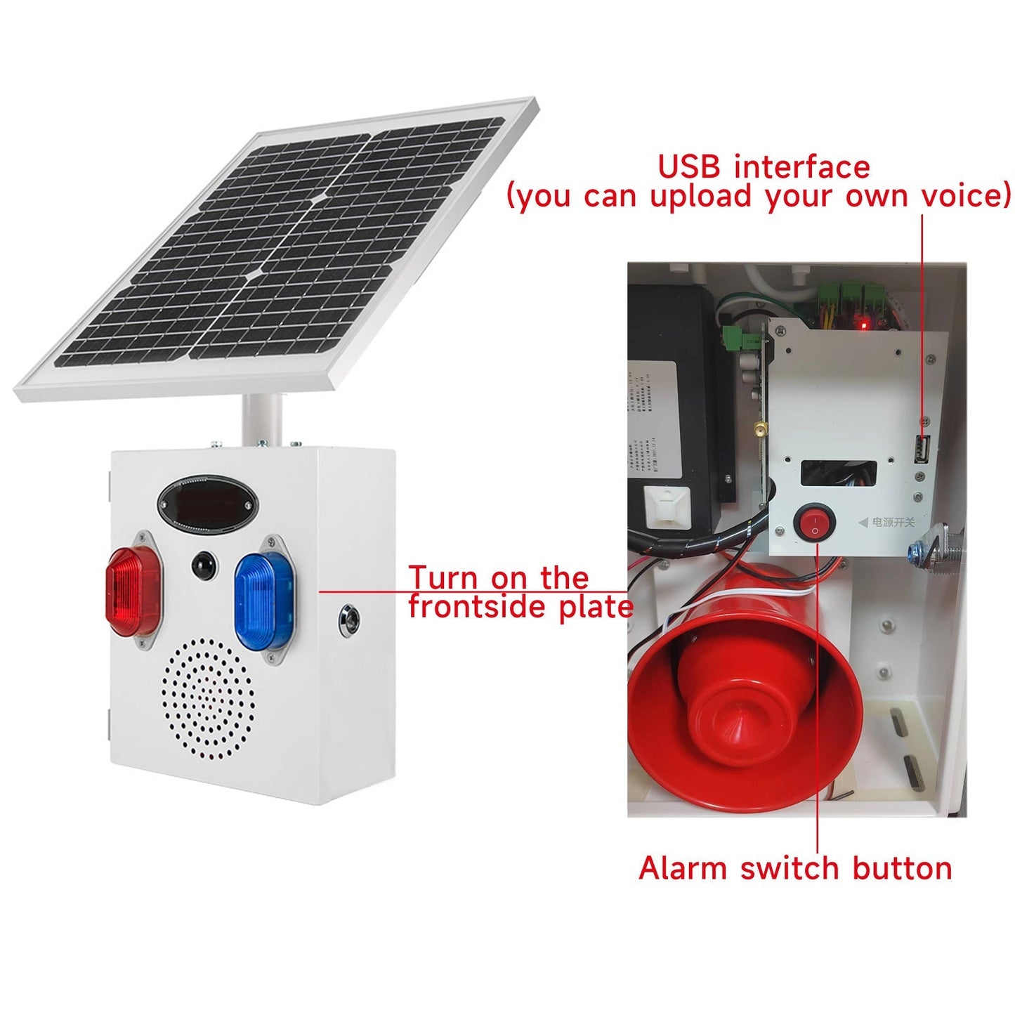 YASONG Solar Motion Sensor Alarm Siren Outdoor Waterproof Motion Detector Alarm System with Red and Blue Strobe Light, 120dB Horn 17 Tones Adjustable Microwave Infrared Induction Alarm System SLA-TYN02