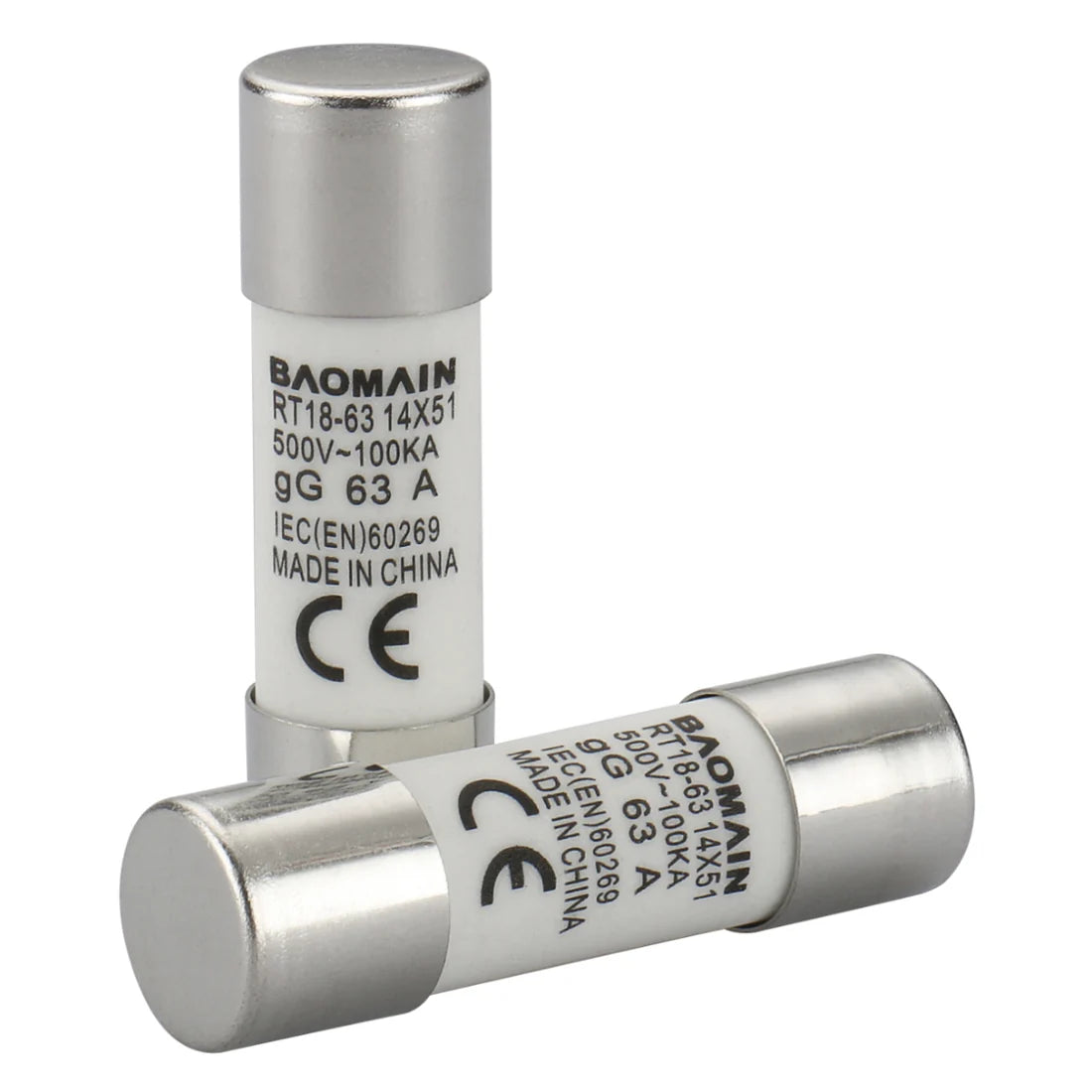 Baomain Fuse Link RT18-32 (RT14 RT18 R015) and RT18-63 (RO16 RT14 RT19) Cylindrical Ceramic Tube 10x38mm 500V 100KA CE listed