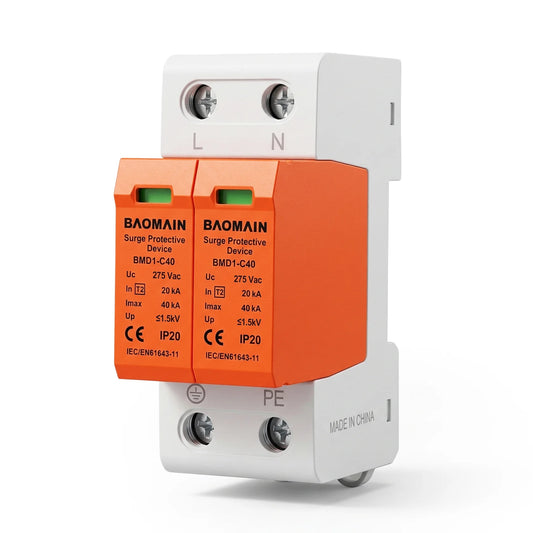 Baomain Surge Protection Breaker Device Arrester 2P (1P+N), BMD1-C40,40kA, Single-Phase SPD with Neutral Protection,for Solar Charge Controllers and Industrial DC Circuits,DIN Rail Mounting,Flame Retardant Housing