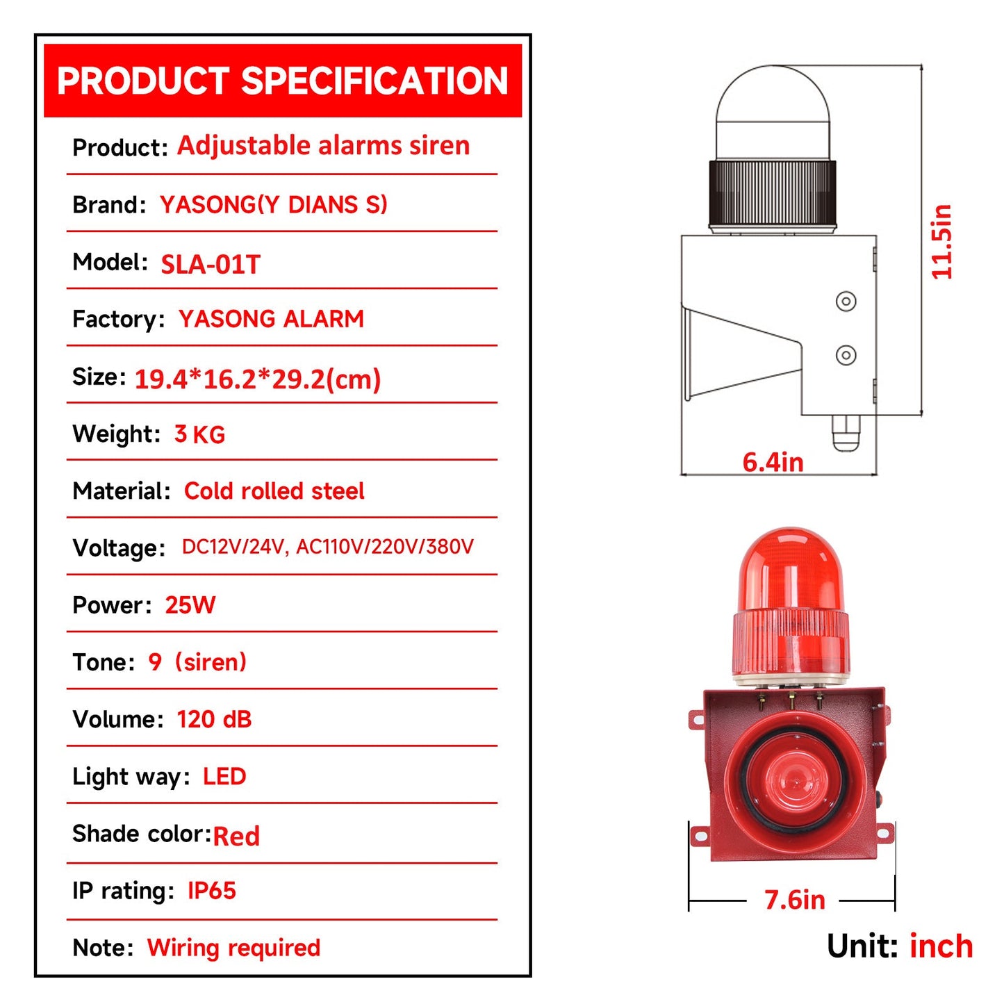 YASONG  Alarm Siren Adjustable Tone Volume 120dB Loud Horn 25W Outdoor Security Siren with LED Strobe Light for Port, Dock and Reservoir SLA -01T