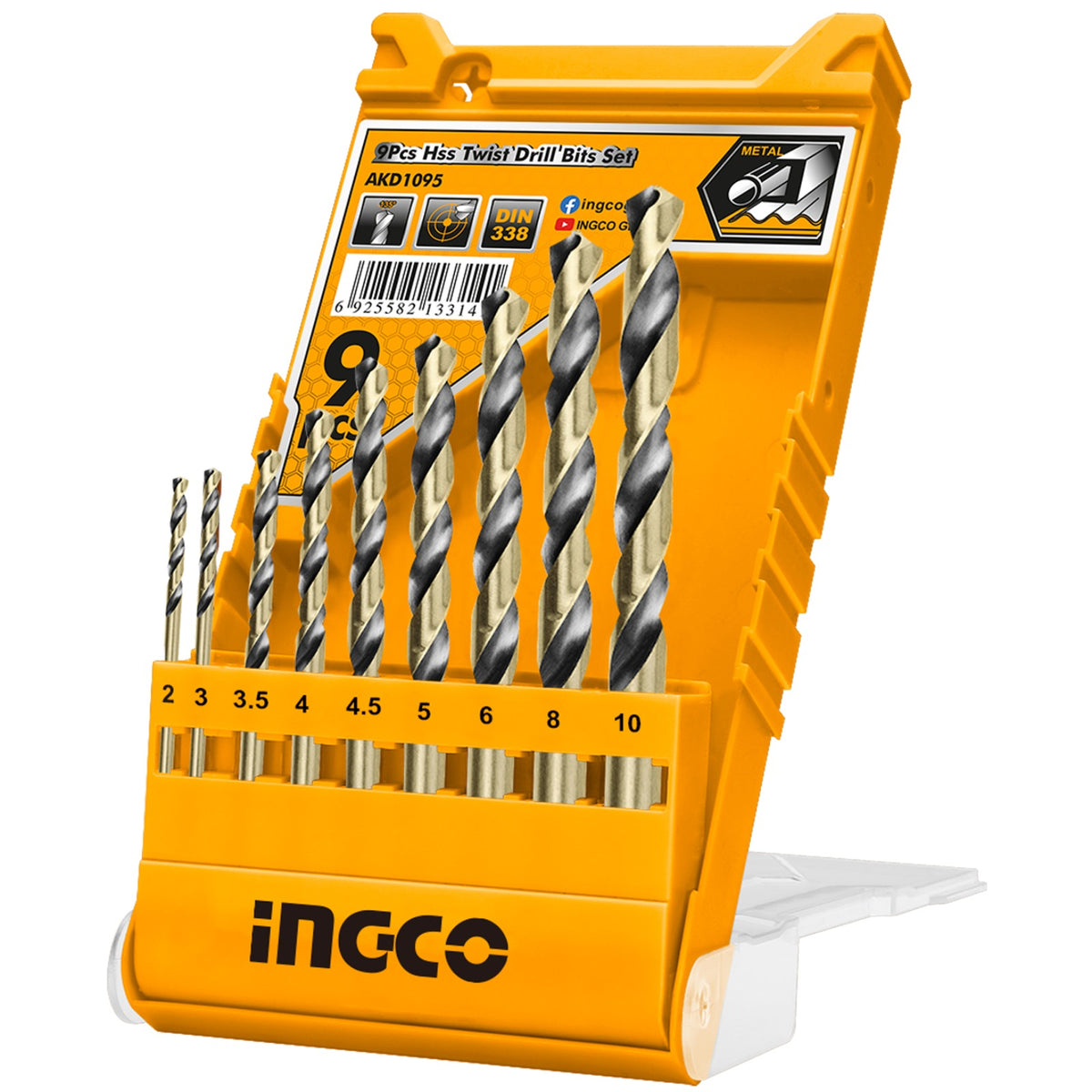 INGCO 9pcs HSS Drill Bit set Size 2,3,3.5,4,4.5,5,6,8,10mm AKD1095