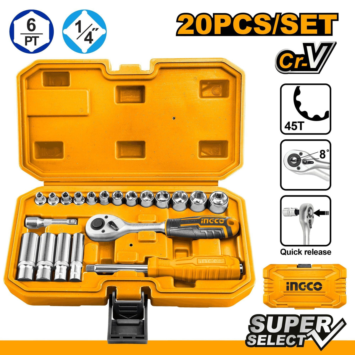 INGCO 20pcs 1/4" DR. Socket set 4-14mm HKTS14201