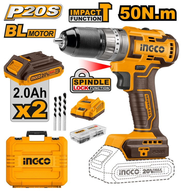INGCO 20V 2X2.0Ah LI-ION Brushless Impact Drill 50Nm CIDLI20508