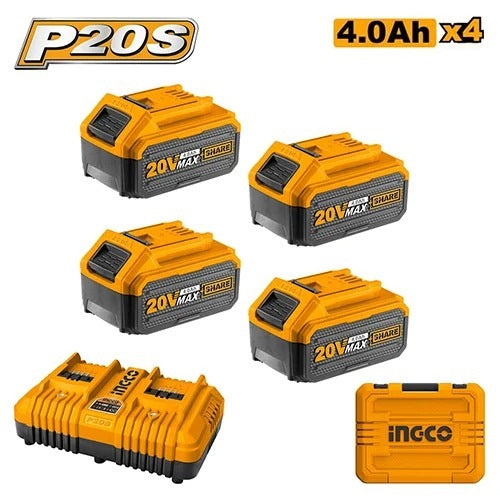 INGCO 20V Battery & Charger Kit 4X 4.0Ah, Dual Port Charger +case FBCLI20244