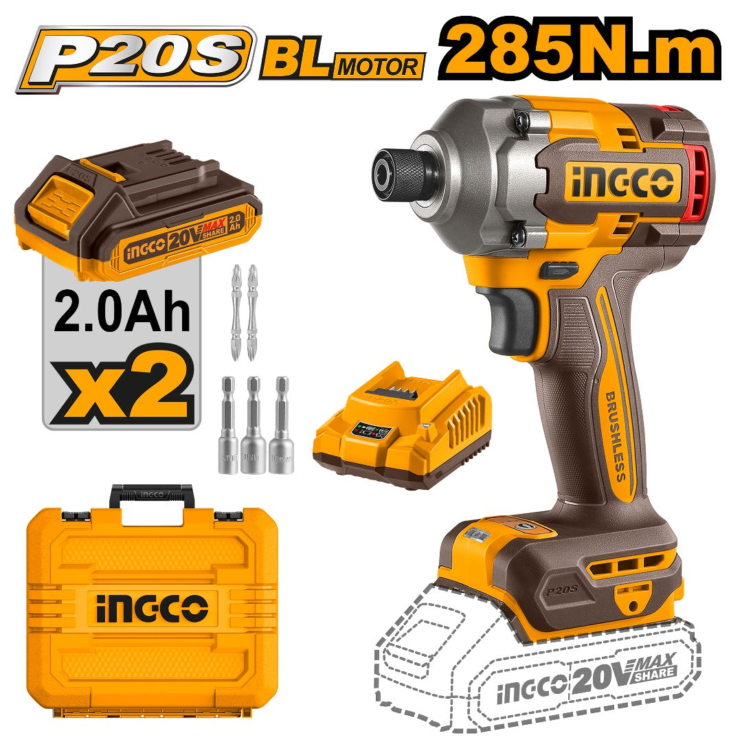 INGCO 20V Brushless Impact Driver 285Nm W/2 x 20V 2.0Ah & Charger CIRLI2028