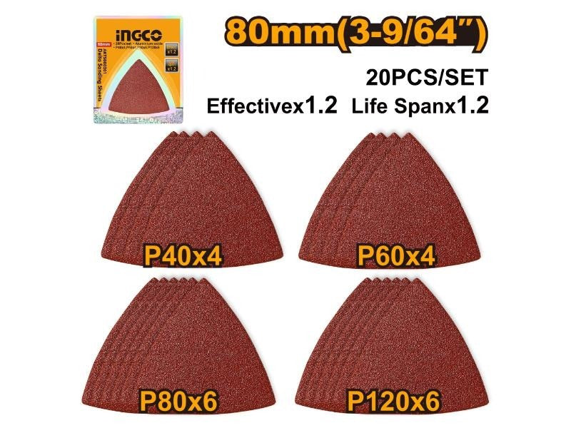 INGCO 20pcs 80mm Delta Sanding Sheet Grit 40,60,80,120 AKTS080201