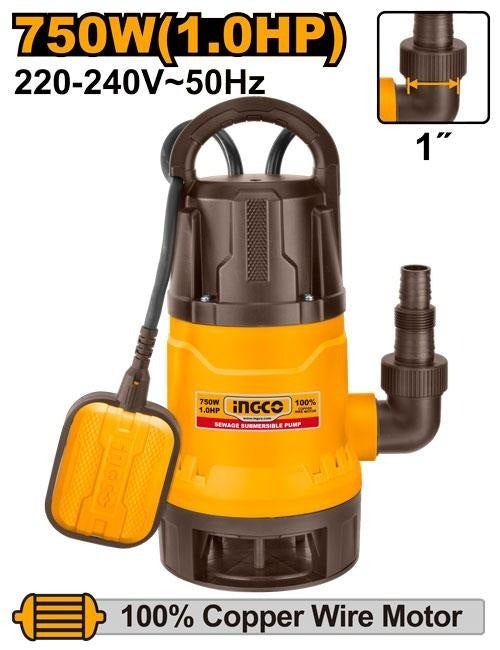 INGCO 1" Sewage Submerisible Pump W/float 1HP 750W Max Head 8m SPD7508