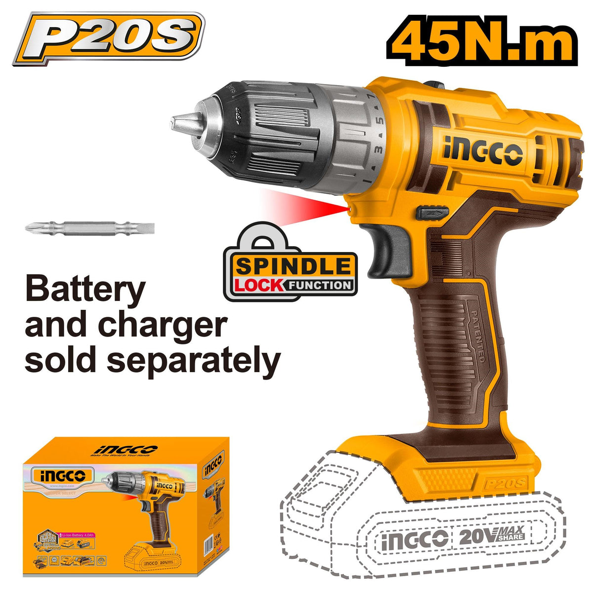 INGCO 20V LI-ION Drill 45Nm (Bare Unit) CDLI200515