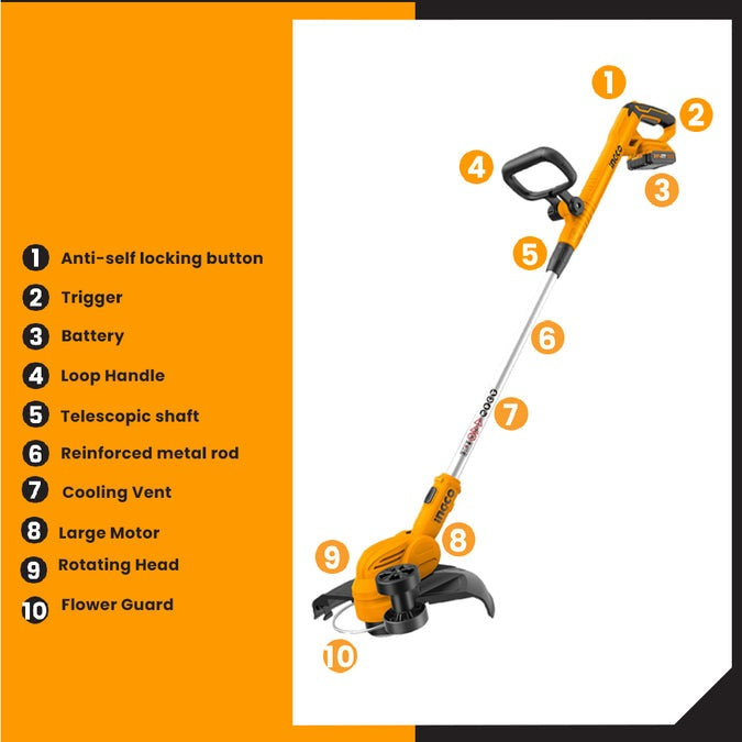 INGCO 20V 1X2.0Ah LI-ION Grass Trimmer CGTLI203285 – view 4