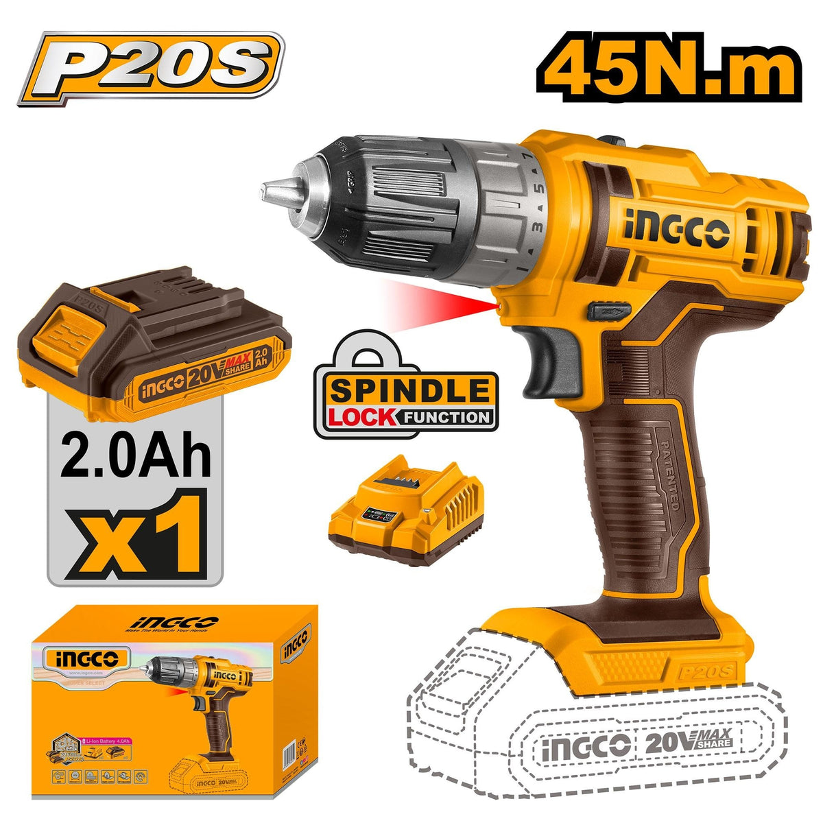 INGCO 20V LI-ION Drill 45Nm 1X20V 2.0Ah, Charger CDLI200518