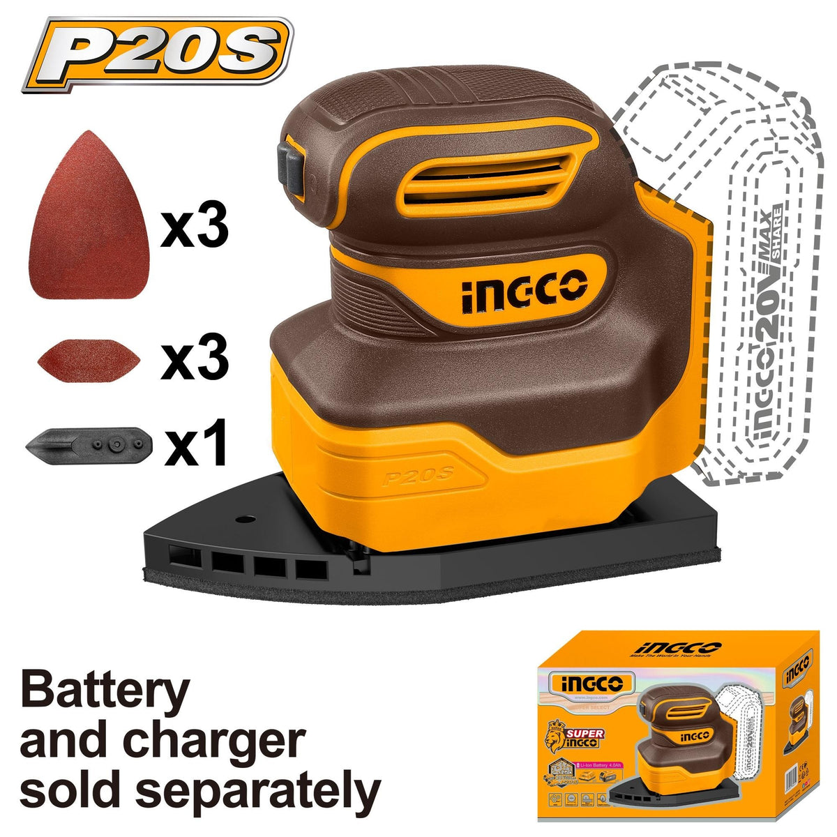 INGCO 20V LI-ION Palm Sander (Bare Unit) CPSLI2014