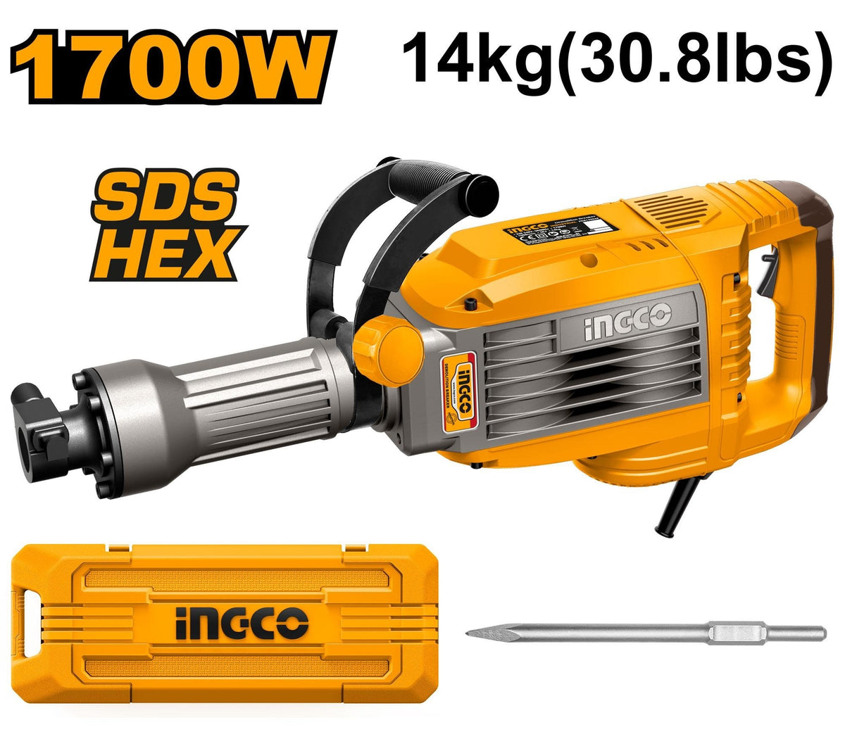INGCO HD Demolition Breaker Hex 30mm Chuck 1700W 50J PDB170068