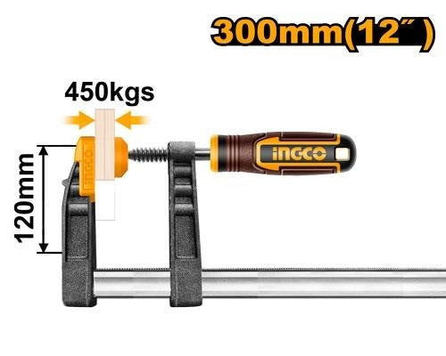 INGCO Deep Throat F Clamp with Grip Handle 120 x 300mm HFC021201