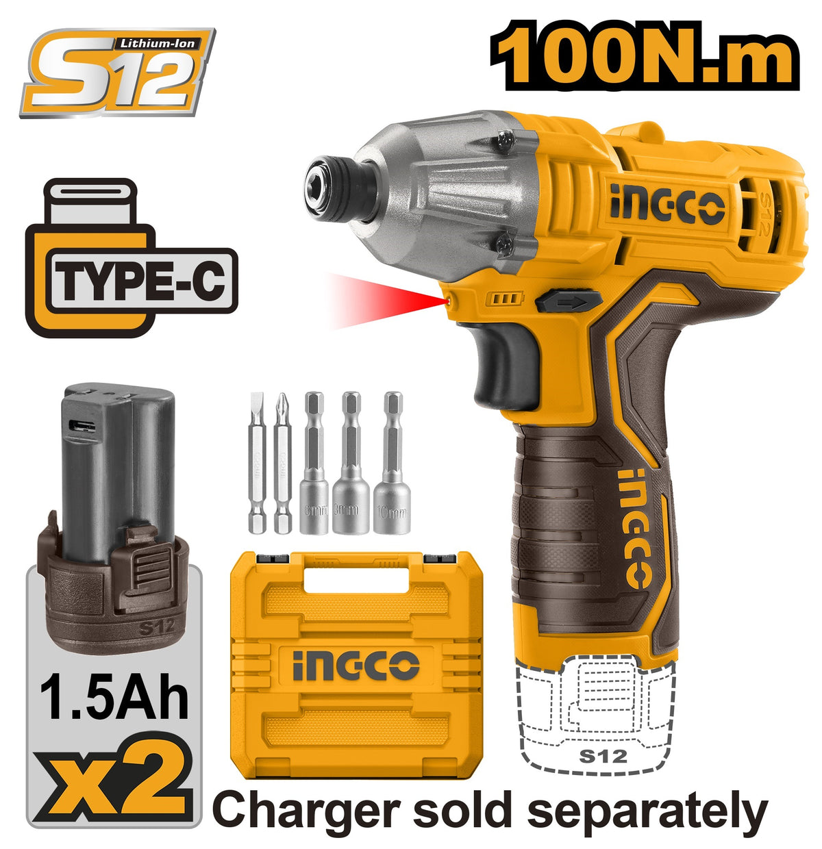 INGCO 12V 2X1.5Ah LI-ION Impact Driver 100Nm (No USB Charger) CIRLI12015