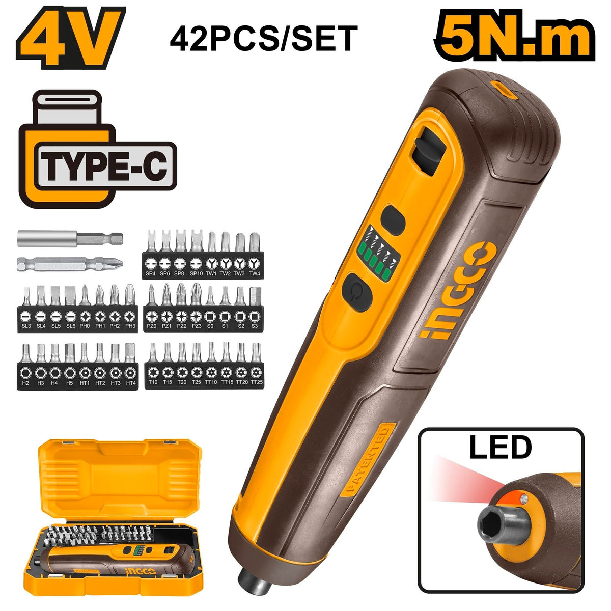 INGCO 4V LI-ION Cordless Screwdriver W/43pcs Bit set CSDLI04062