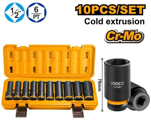 INGCO 10pcs 1/2" DR. CR-MO Deep Mpact Socket set 10-24mm HKISSD12102L