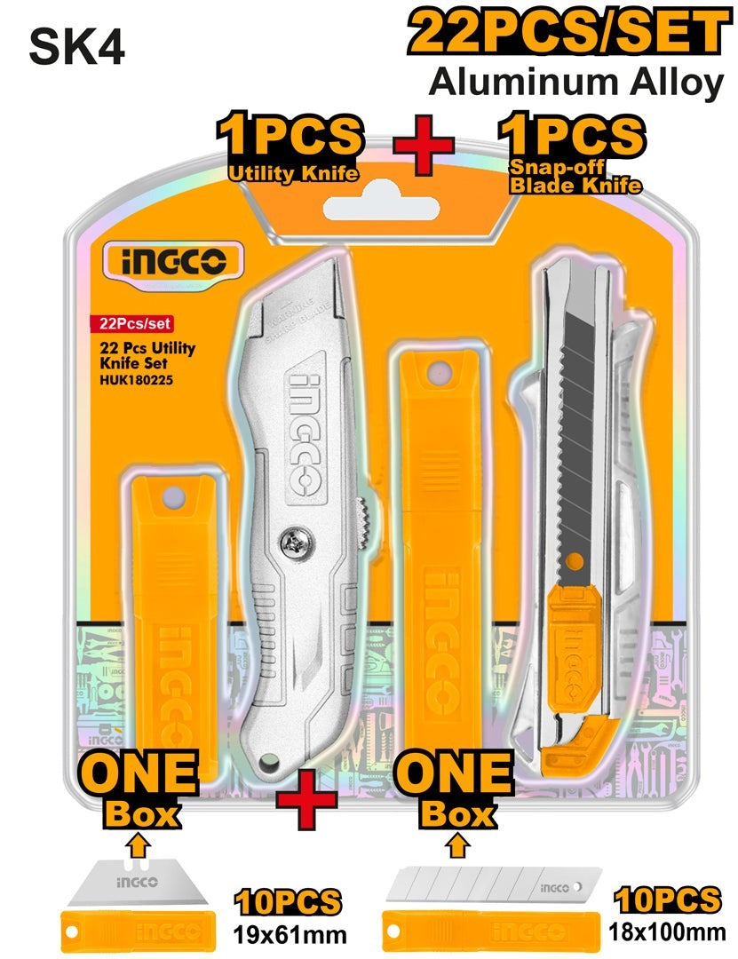 INGCO 2pcs Utility Knife + 20pcs Blade set HUK180225