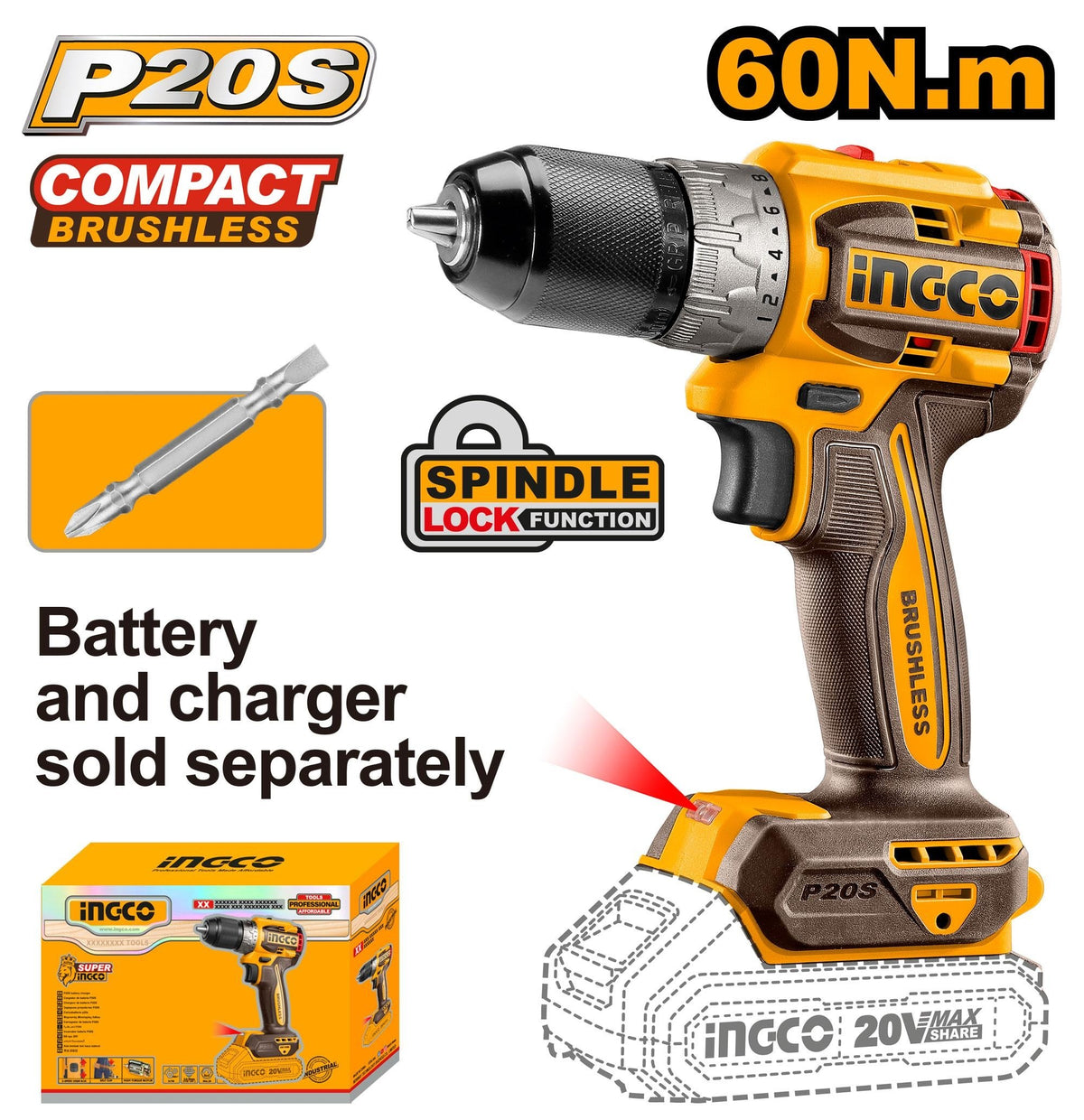 INGCO 20V Compact Brushless Drill 60Nm (Bare Unit) CDLI206021