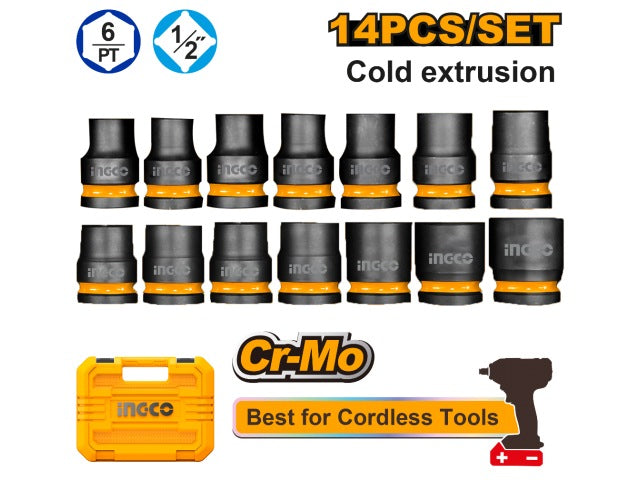 INGCO 14pcs 1/2" DR. CR-MO Standard Impact Socket set 10-27mm HKISSD12141 – view 2