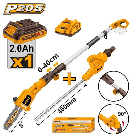 INGCO 20V Pole Saw + Hedge Trimmer 460mm,18MMØ 1X2.0BAT+CHARGER CPTS201681