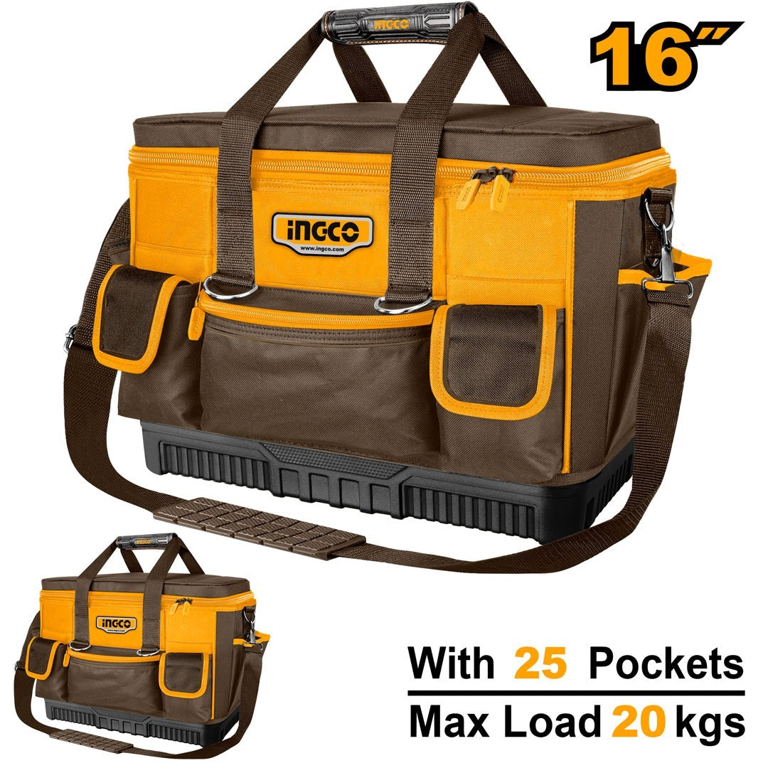 INGCO 16" H/duty Ind. Tool BAG,25 Pockets,shoulder Strap 46*23*33cm HTBG10