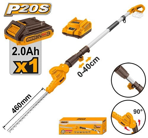 INGCO 20V Pole Hedge Trimmer 460mm, Up to 2.4m 1X2.0BAT+CHARGER CPHT2016012
