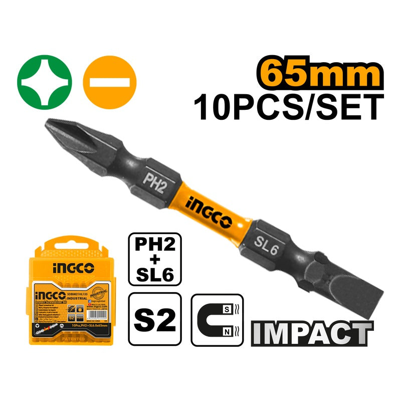 INGCO 10pcs Double End Impact Screwdriver Bit, (-)6.0 & (+)2X65mm SDBIM21HL133