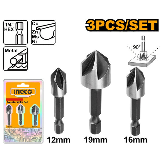 INGCO 3pcs HSS Countersunk Bit set 12, 16 & 19mm DBCS0031