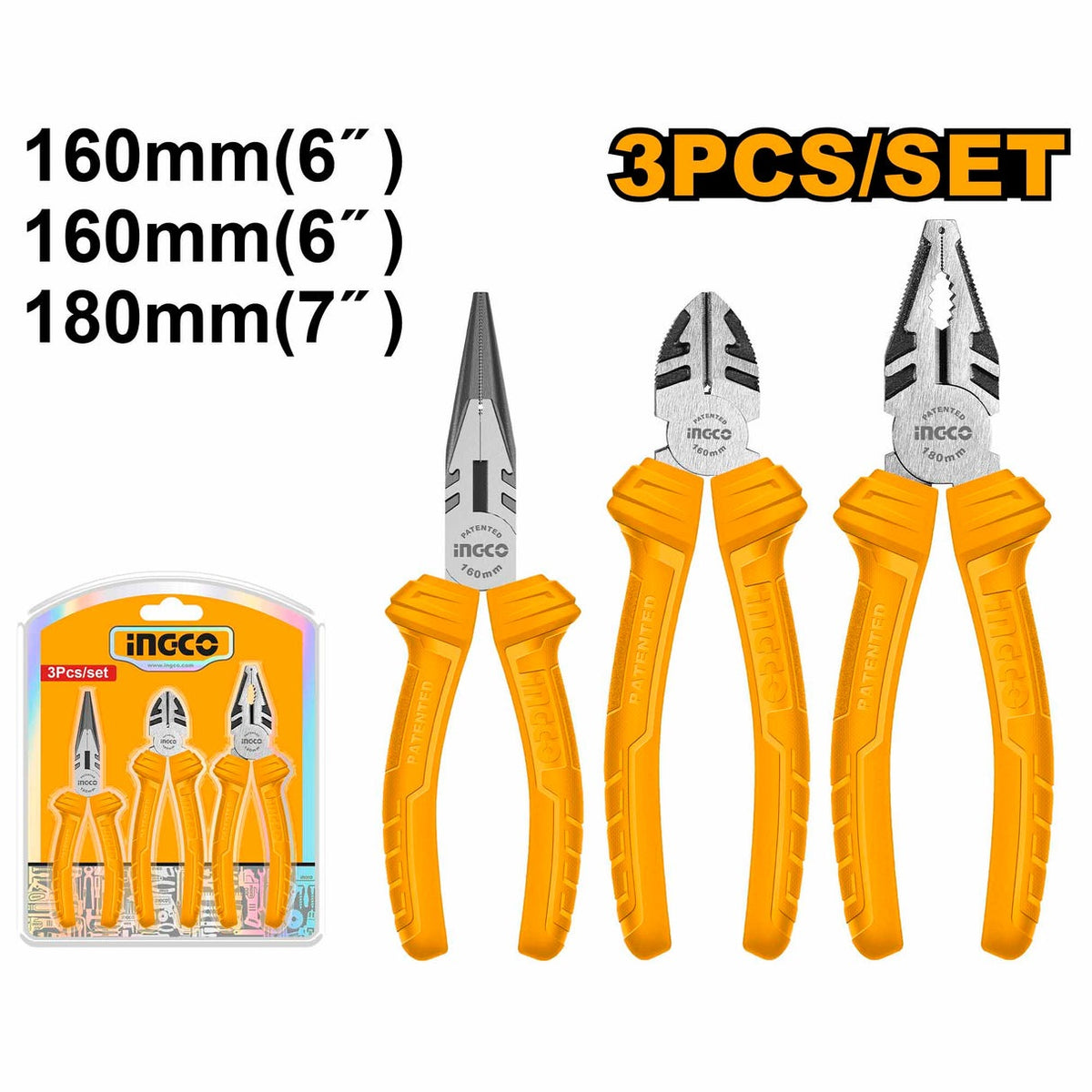 INGCO 3pcs Pliers set 7"CP, 6"LNP & 6"DCP HKPS08311