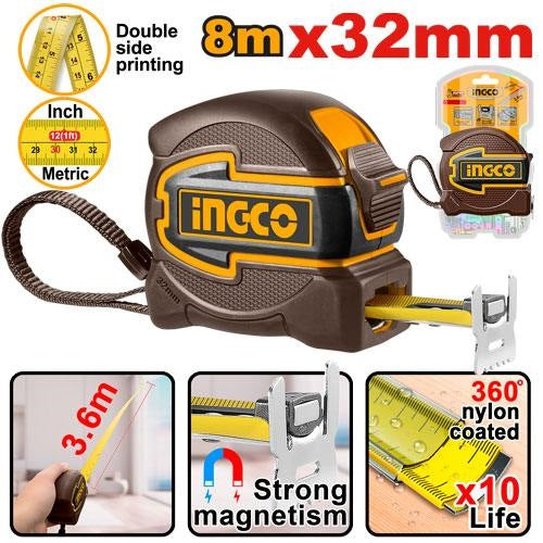 INGCO Steel Measuring Tape 8m/26FT Magnetic Hook, 32mm Blade HSMT80832