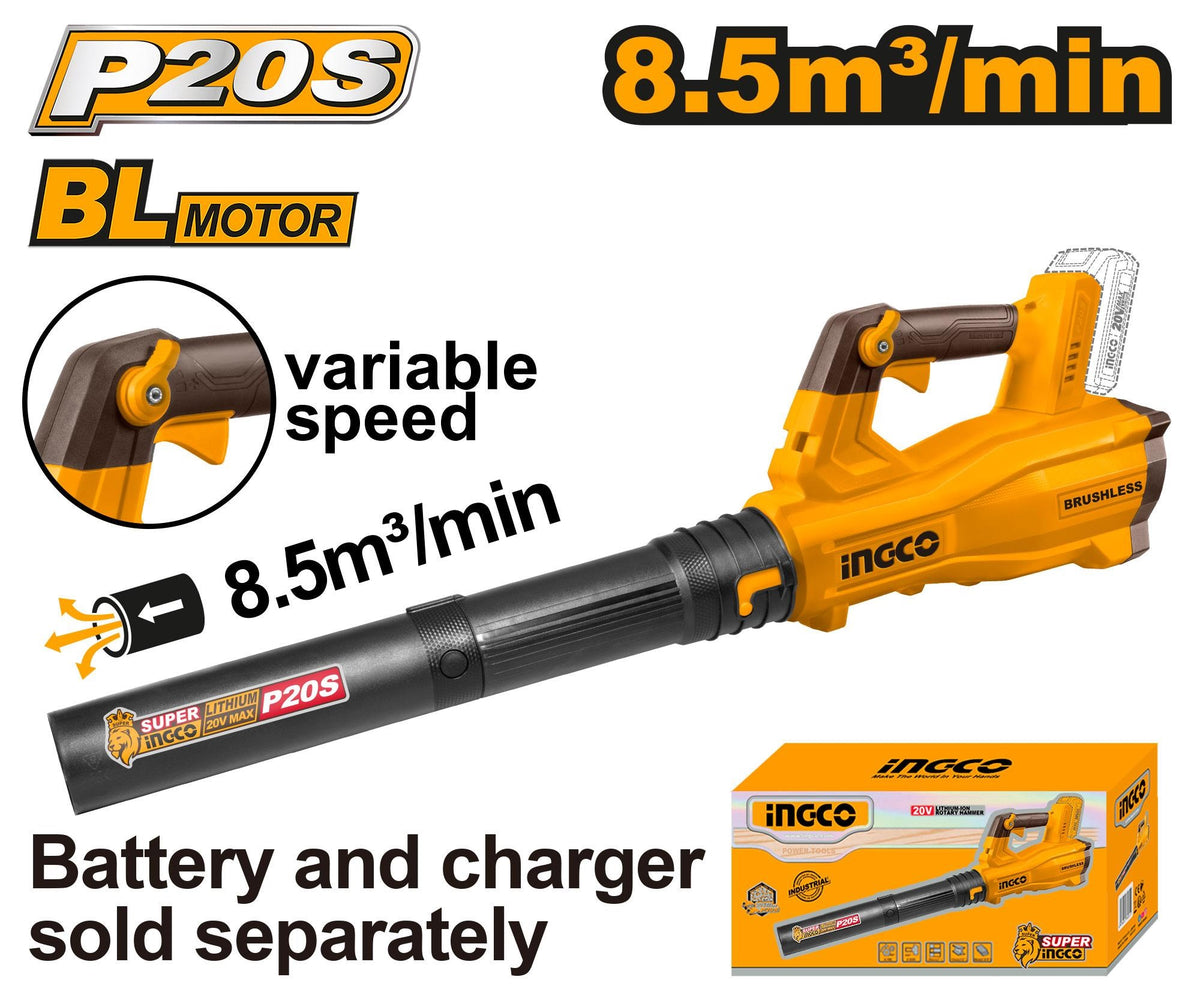 INGCO 20V Brushless Powerful Leaf Blower MAX.VOL:8.5M3/MIN (Bare Unit) CABLI20428