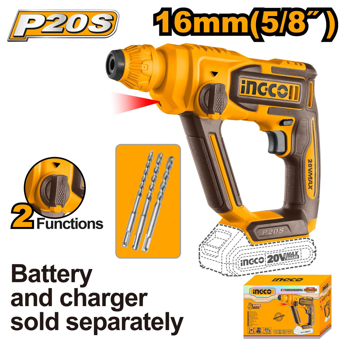 INGCO 20V LI-ION Rotary Hammer 16MMØ (Bare Unit) CRHLI20168