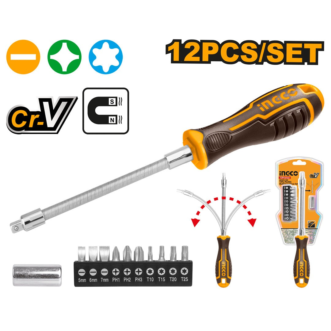 INGCO 12 pcs Flexible Shaft Screwdriver set AKSDFL1208