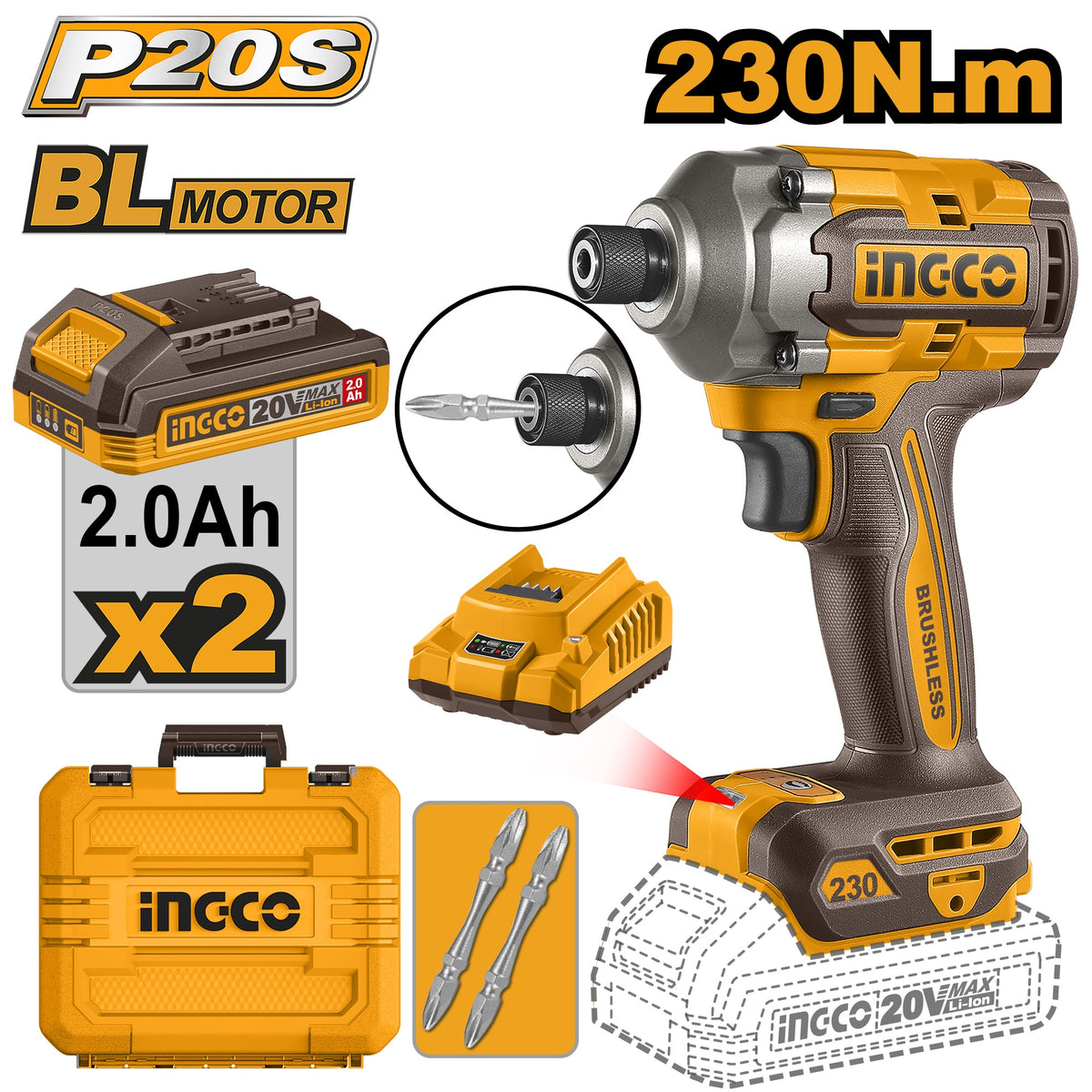 INGCO 20V Brushless Impact Driver 230Nm W/2 x 20V 2.0Ah & Charger CIRLI2023