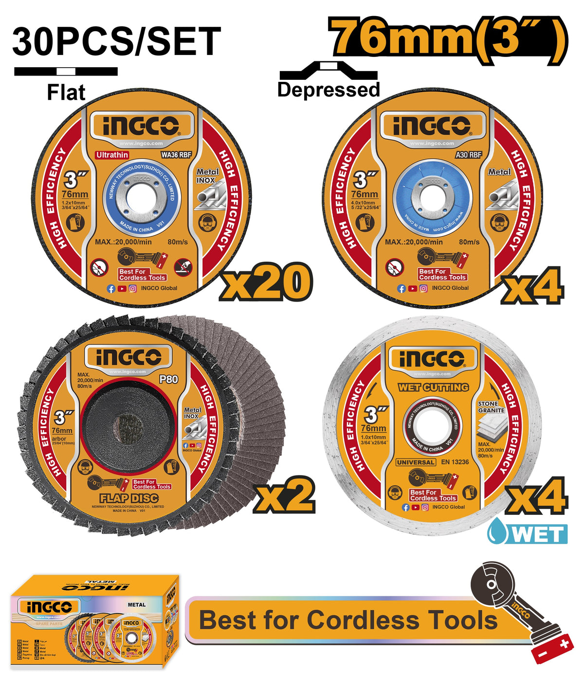 INGCO 30 pcs 76mm Cutting & Grinding Disc set MCD07630