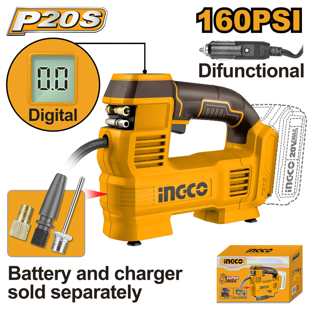 INGCO 20V Cordless Auto Air Compressor 160PSI (Bare Unit) CACLI2012